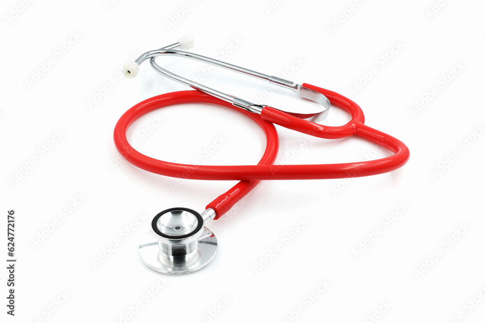Red stethoscope. medical equipment on white background. symbol of doctor hospital healthcare service concept. Red stethoscope. medical equipment on white background. symbol of doctor hospital healthcare service concept.