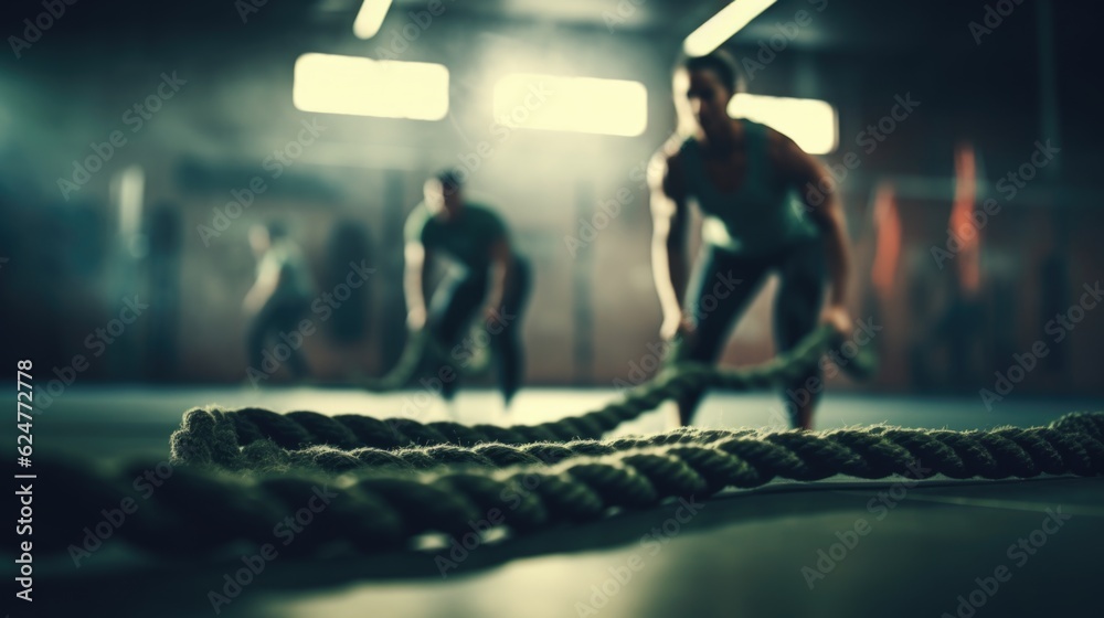 Naklejka premium Two people doing a cross rope exercise in a gym. AI generative.