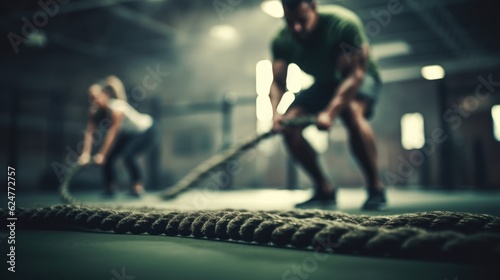 Two people doing a cross rope exercise in a gym. AI generative.