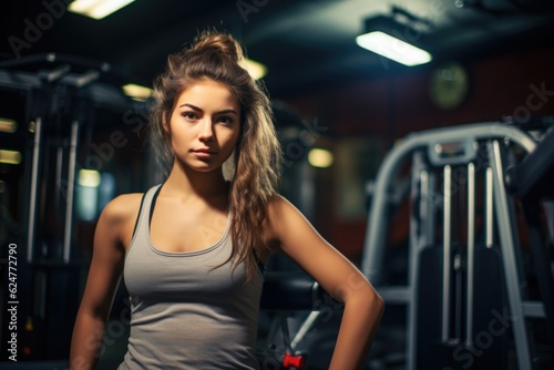 Woman exercising in gym wearing sport. AI generative.