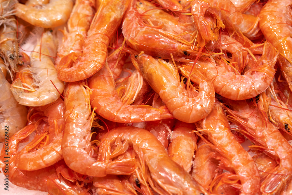 Close up photo of fresh raw shrimps in Barcelona store. Close up photo of fresh raw shrimps in Barcelona store.