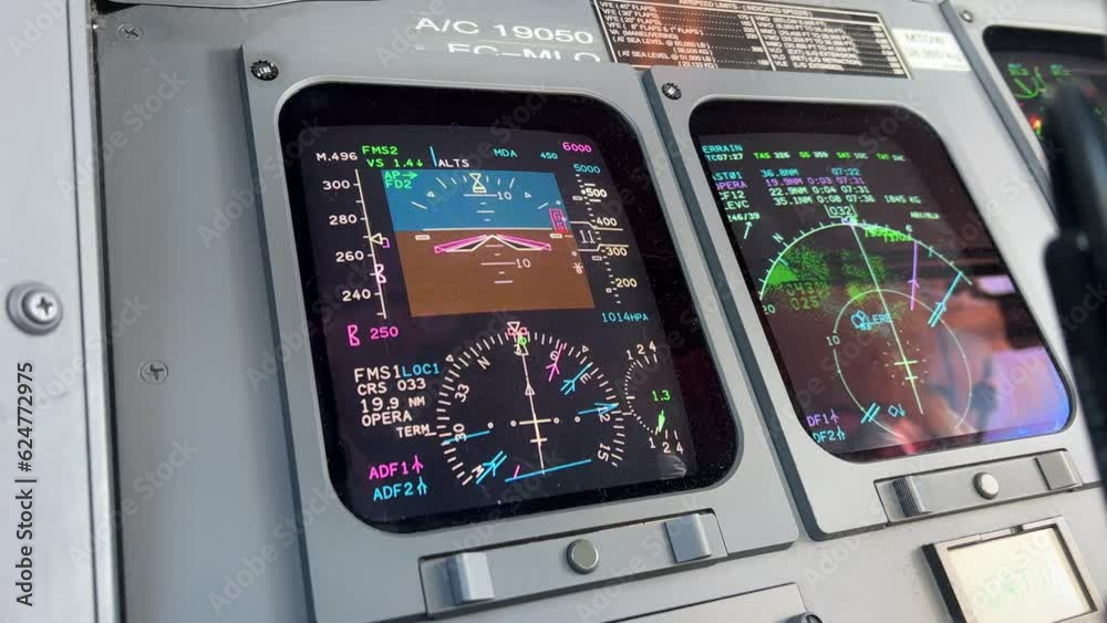 Closeup view of the instrument panels of a modern jet in a real flight. Closeup view of the instrument panels of a modern jet in a real flight.