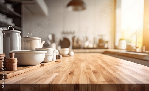 Empty Kitchen Counter Table with Blurred Background. Top View Space for Product Display