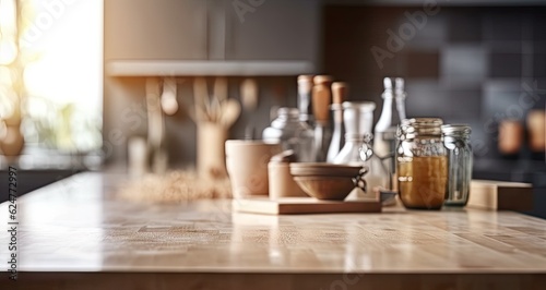 Empty Kitchen Counter Table with Blurred Background. Top View Space for Product Display