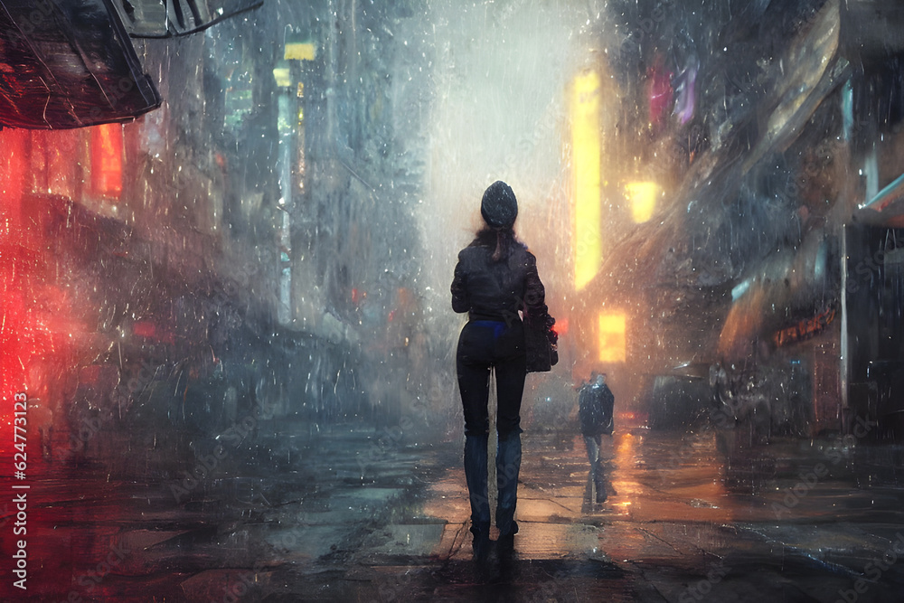 woman in the evening rain, Generative AI
