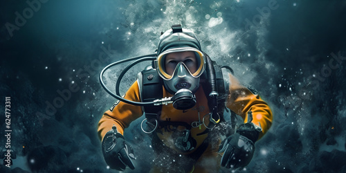A diver in a yellow diving suit is floating in the water.  Unveiling the Depths  Yellow Diving Suit Underwater 