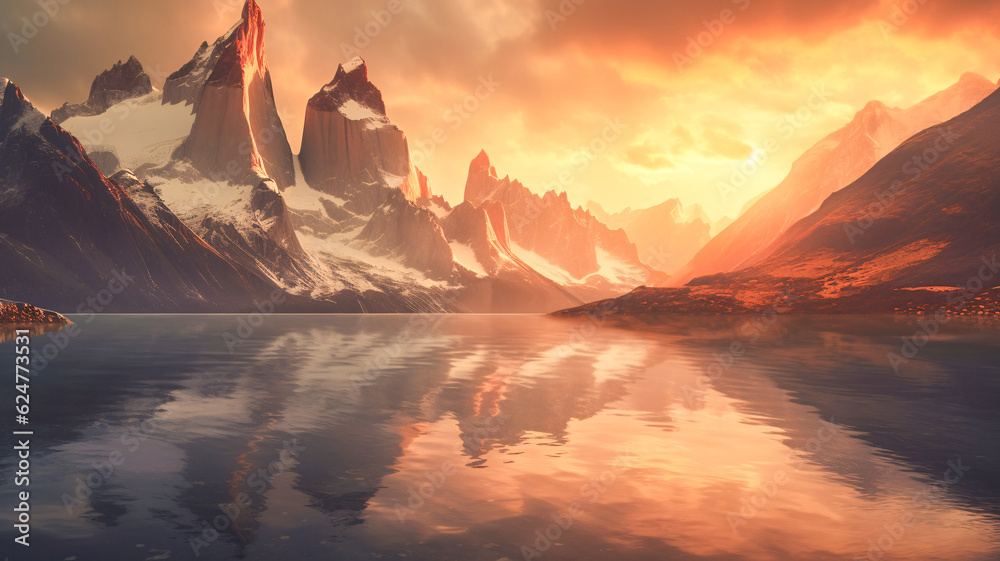 Sunset Serenity: Majestic Mountain Reflections by Generative AI