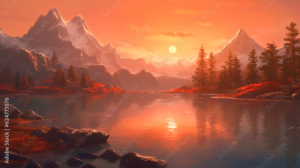 Serene Mountain Lake at Sunset - Generative AI