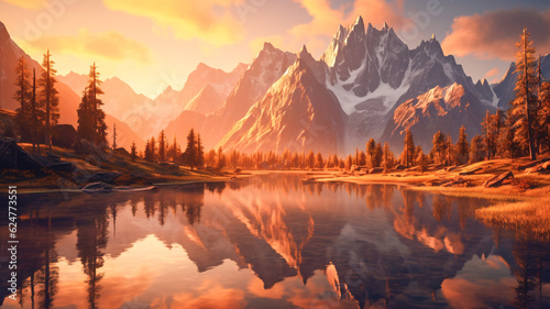Serene Sunset: Majestic Mountains Reflected in Lake with AI Generative Touch