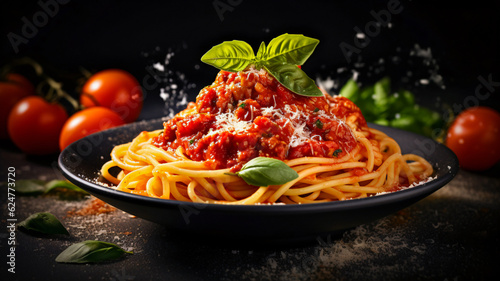 Delicious Spaghetti with Tomato Sauce and Basil Leaves on a Plate - Enhanced by Generative AI
