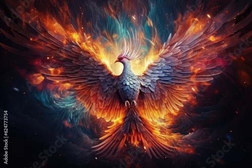 Phoenix is flying burning with fire. Birds. Mythical creatures. Generative AI