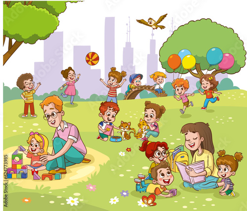 Vector portrait of happy family members relax rest play outdoors in the park doing summer activities.Parents with children spend weekend together, mother, father and children having fun on playground.