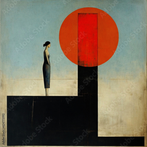 Abstract face in the style of modern Cubism and suprematism. A combination of oil painting on canvas and cracks on the coating of the painting.