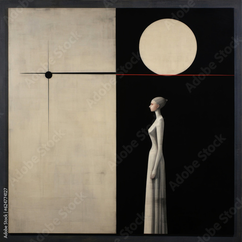 Abstract face in the style of modern Cubism and suprematism. A combination of oil painting on canvas and cracks on the coating of the painting.