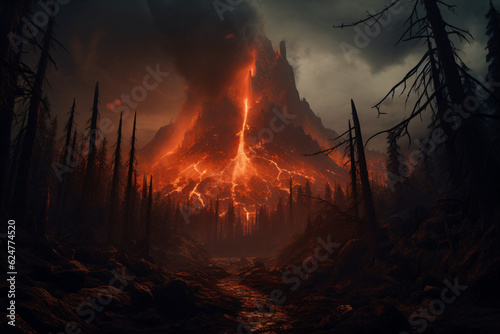 Forest Fire with Mountain Background - Generative AI