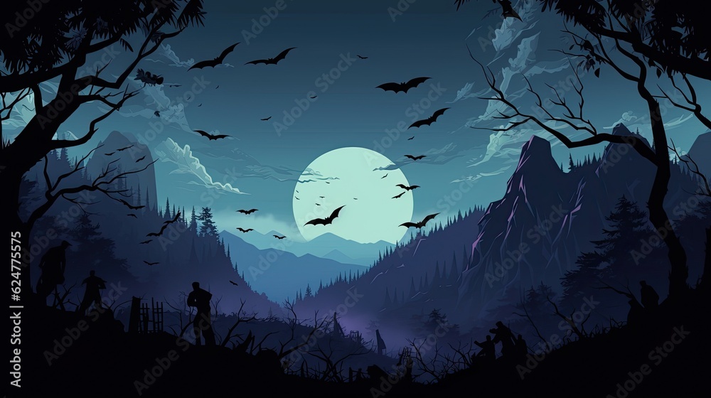 Realistic halloween background with creepy landscape of night sky fantasy forest in moonlight. AI illustration. game background for design, graphics, landscape, print, web, magazine, book, web games.