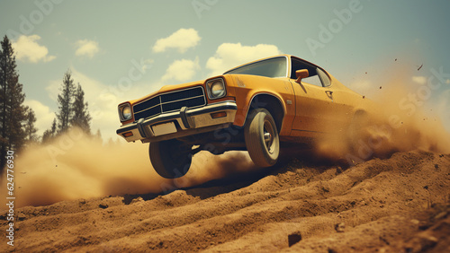 Old cars do jumps in the racing area. against a natural background. 