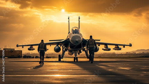 Fighter planes are at the airport, about to make a flight. Military concept.
 photo