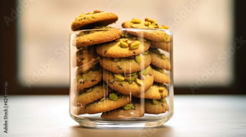 Foto glass jar with florentine cookies with pistachios on the table in the kitchen, g
