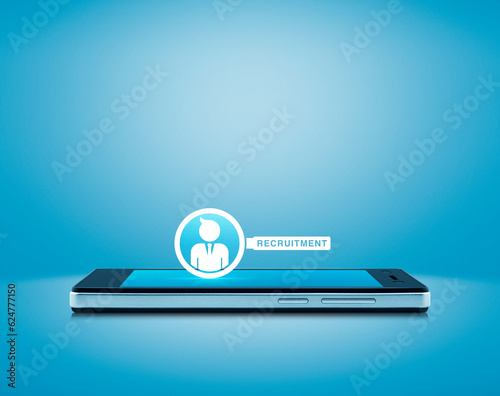 Businessman with magnifying glass icon on modern smart mobile phone screen over light blue background, Business recruitment online concept