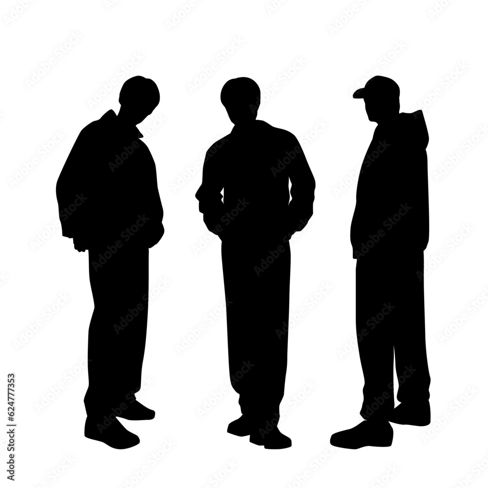 Vector silhouette of three men standing, profile, business people, black color, isolated on white background Vector silhouette of three men standing, profile, business people, black color, isolated on white background