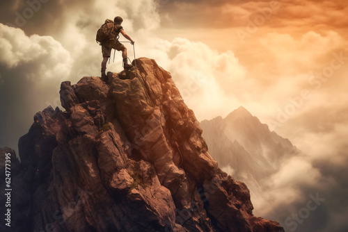 Adventurous Man on Mountain Peak with Backpack - Generative AI © Bipul Kumar