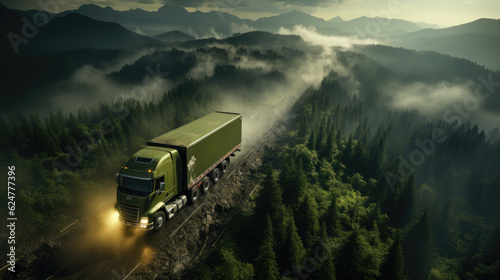 Generative ai illustration of freight transport truck crossing a forest road
