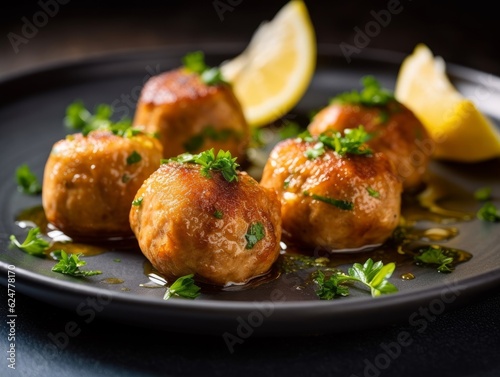 Boulettes de Poisson garnished with parsley and lemon slices on a white plate