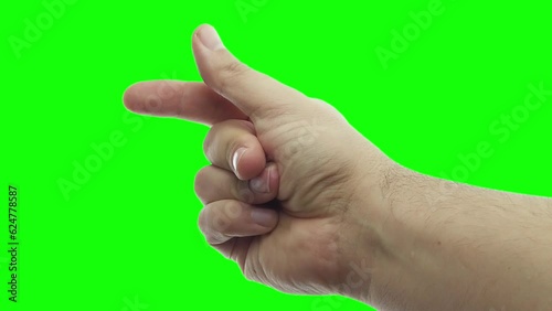 Close up male hand clicking his fingers slow motion on green screen or chroma key