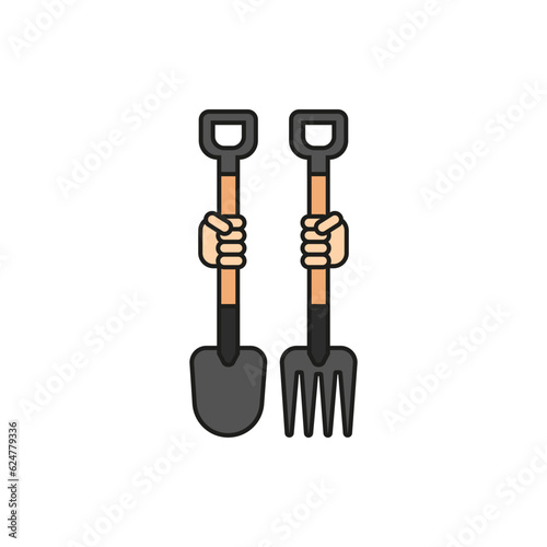 The hand holds a pitchfork and a shovel. Garden farming tools and inventory. Color vector with stroke and outline.  