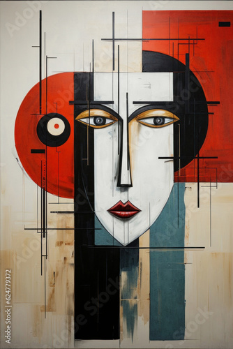 Abstract face in the style of modern Cubism and suprematism. A combination of oil painting on canvas and cracks on the coating of the painting.