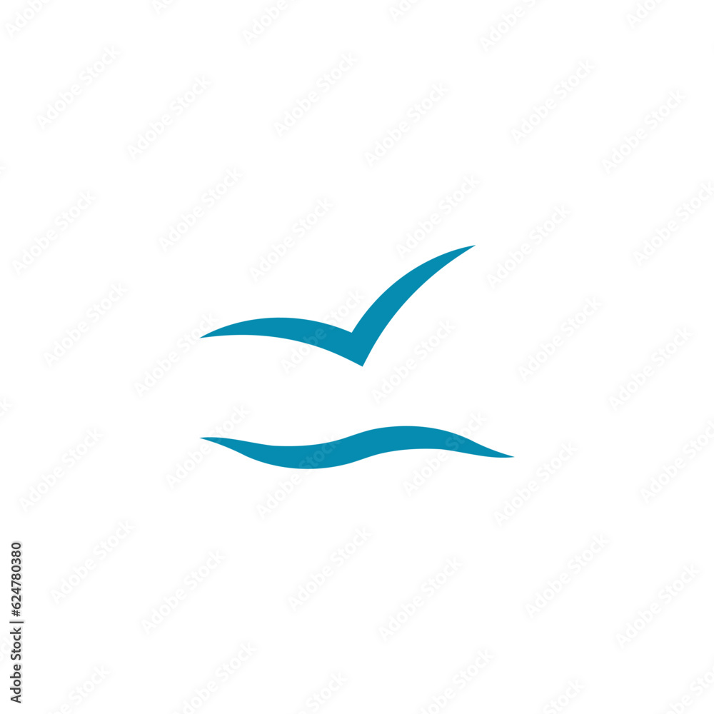 Fototapeta premium Icon of the ocean or sea with a lone seagull, petrel or albatross flying over the waves. Simple minimal vector.