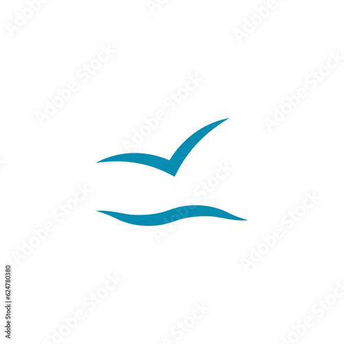 Icon of the ocean or sea with a lone seagull, petrel or albatross flying over the waves. Simple minimal vector.