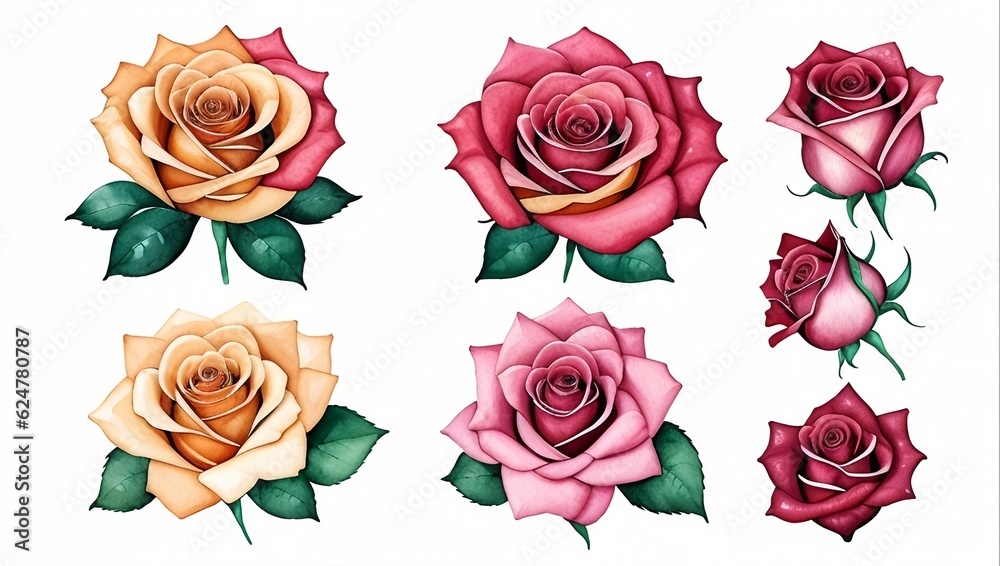 Rose watercolors set, generative ai Rose watercolors set, generative ai