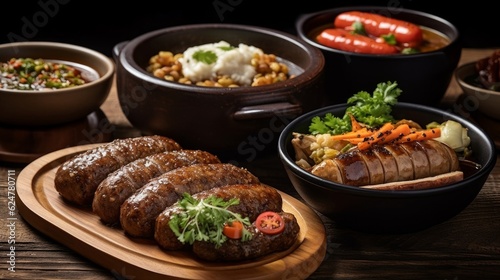 Boudin Noir served with some side dishes and sauce on a rustic wooden table