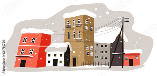 Winter cityscape of city with buildings covered with snow