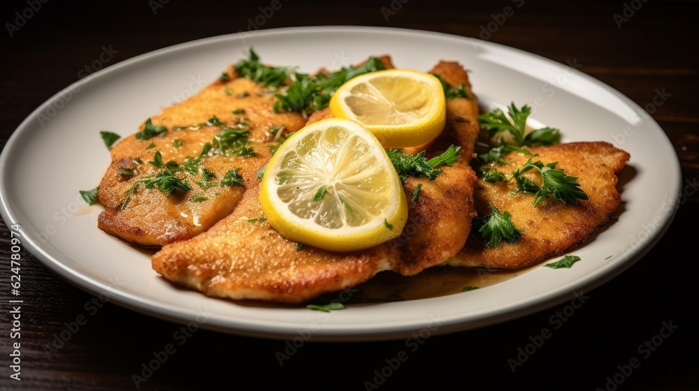 Escalope de Dinde garnished with parsley and lemon slices on a white plate Escalope de Dinde garnished with parsley and lemon slices on a white plate