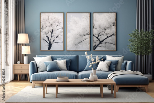home room blue apartment sofa furniture modern wall design nobody interior. Generative AI.