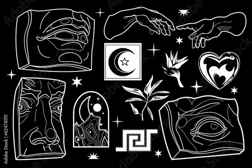 Set of antique marble statues with surreal elements. Gypsum parts  of the face of David. Modern statues, geometric shapes. Stickers with antique greek sculpture. Modern Shepes heart, stars.