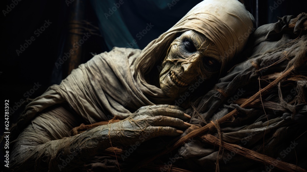 Mummy wrapped in bandages emerging from a sarcophagus, Halloween creature.