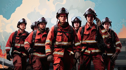 Group of firefighters in uniform holding a banner that says 