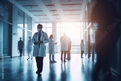 Blurry image of corridor in hospital with doctors and patients, created with Generative AI