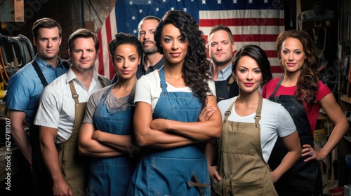 Group of diverse professionals wearing work uniforms and holding tools, showcasing the diversity and importance of different labor industries on Labor Day