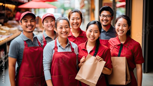 Group of retail workers with shopping bags and a sign that says 