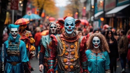 Halloween costume parade with people dressed as various characters, Halloween celebration. © MADMAT