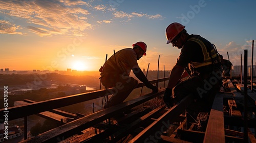 Silhouette of workers on a construction site against a sunset sky, symbolizing the hard work and dedication of laborers