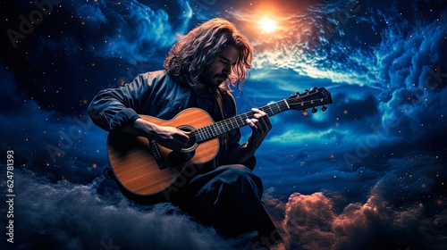 Man playing guitar under a starry night sky, music and inspiration concept.