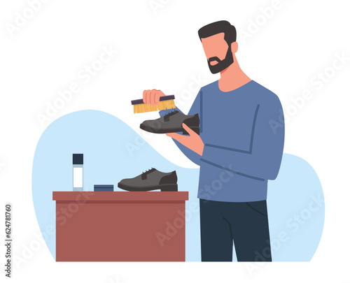 Concept of shoe care, man polishes his shoes with brush and wax. Boy cleaning leather classic style footwear. Professional shoe cosmetics, shoemaker guy. Vector cartoon flat illustration