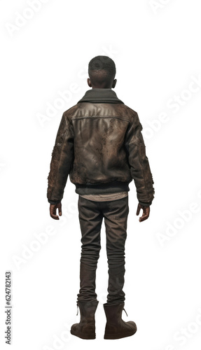 back view of a African american young boy.
lather jacket and jean pants.