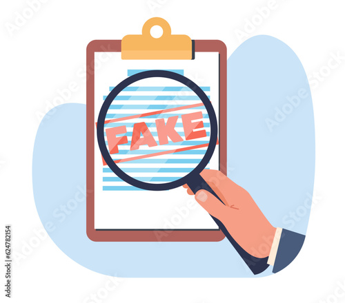False document, concept of fraud and misreporting. Hand holding magnifying glass, red letters fake. Media illegal reports. Wrong information verification cartoon flat vector illustration